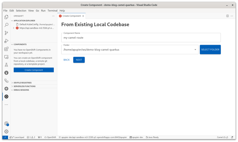 Provide name and folder to create component